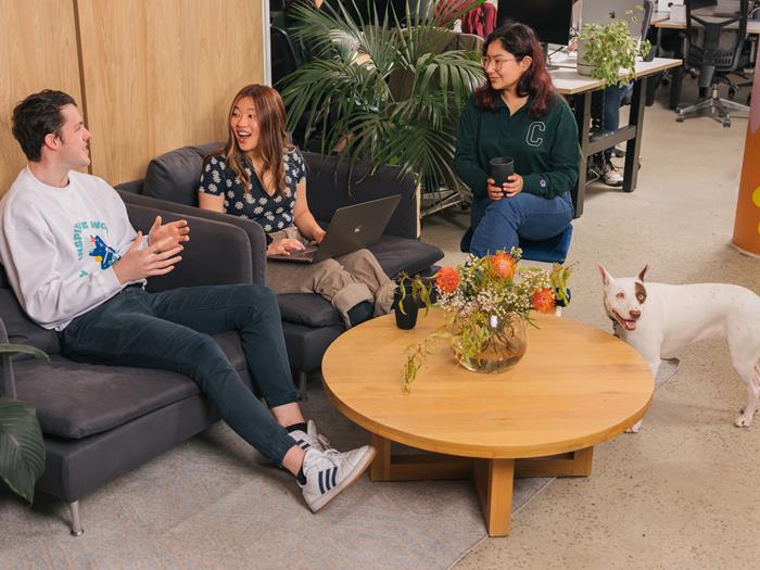 Three colleagues sitting together on the couches in the office smiling at each other. One woman with a laptop and one woman holding a cap. A dog standing next to them.