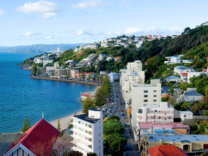 An aerial shot of Wellington on a clear day with the ocean on the left and buildings on the right.
