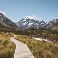 A boardwalk leading through grass towards a mountain range.