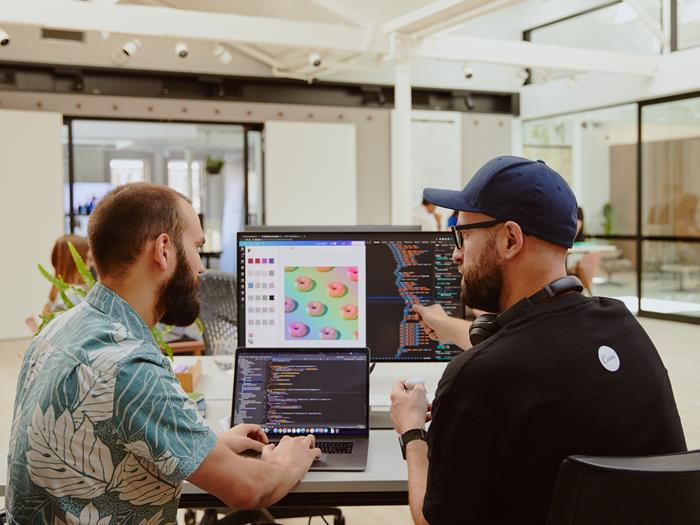 Two men facing away from the camera looking at development code on their laptops and talking to each other